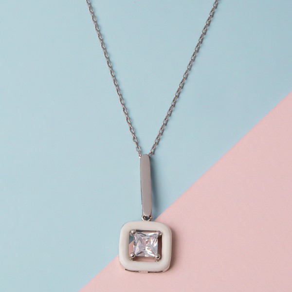 White Enamel Solitaire Pendant Necklace