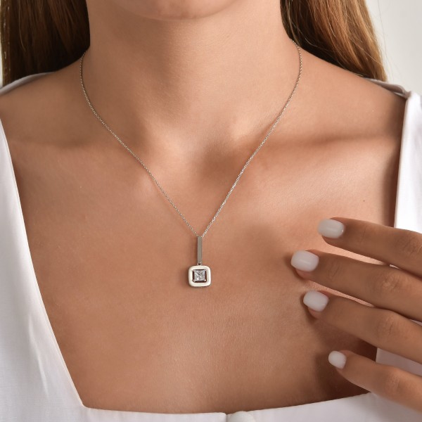 White Enamel Solitaire Pendant Necklace