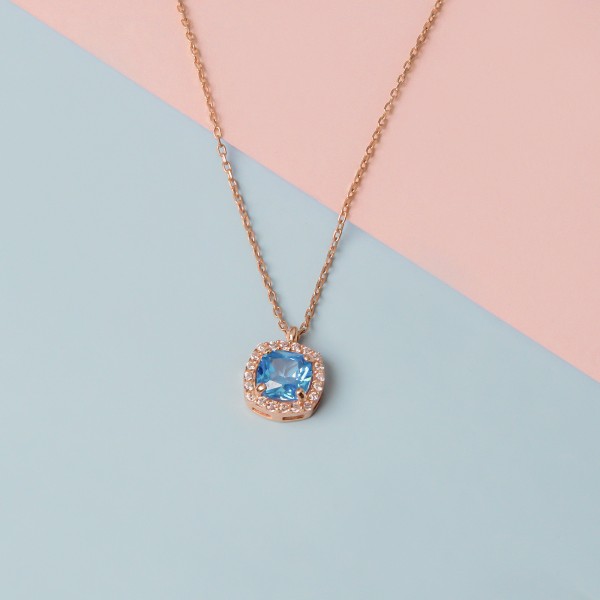 Blue Square Halo Pendant Necklace