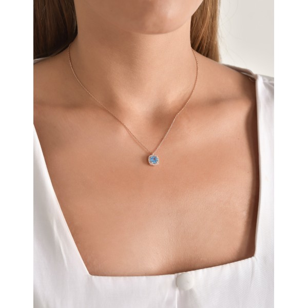Blue Square Halo Pendant Necklace