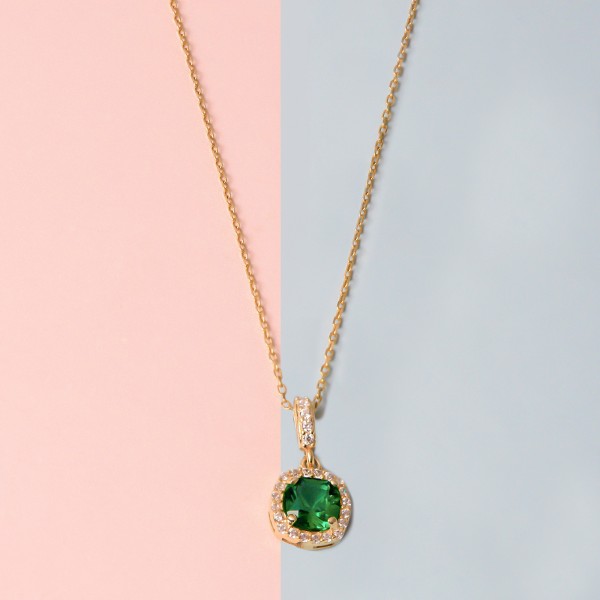 Green Square Halo Pendant Necklace