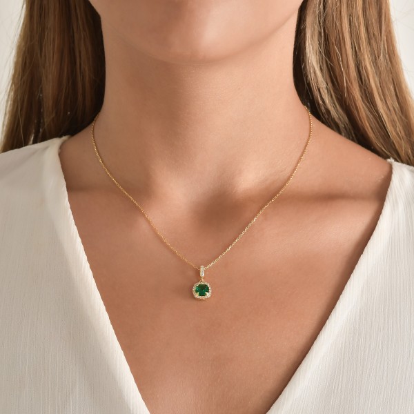 Green Square Halo Pendant Necklace