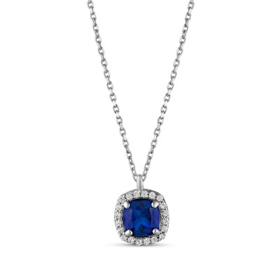 Dark Blue Square Halo Pendant Necklace 2