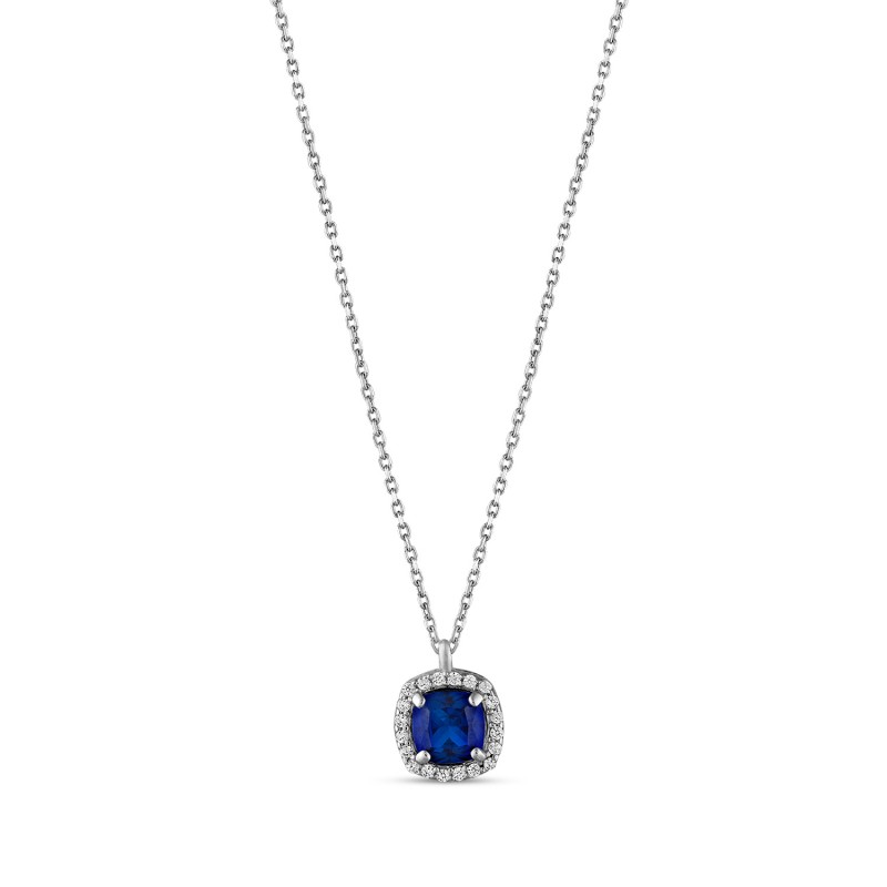 Dark Blue Square Halo Pendant Necklace
