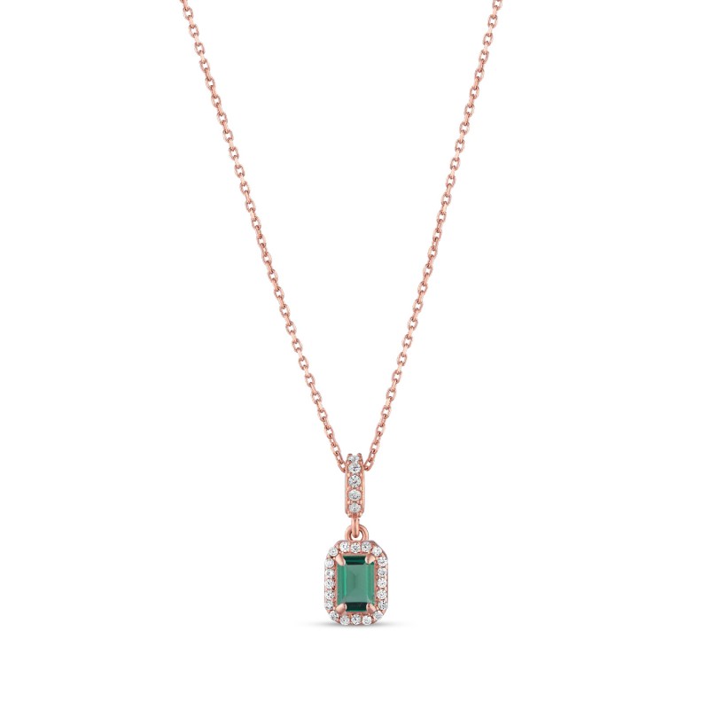 Green Baguette Halo Pendant Necklace