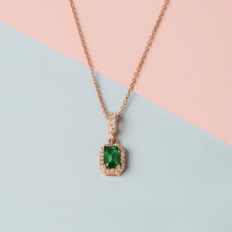 Green Baguette Halo Pendant Necklace