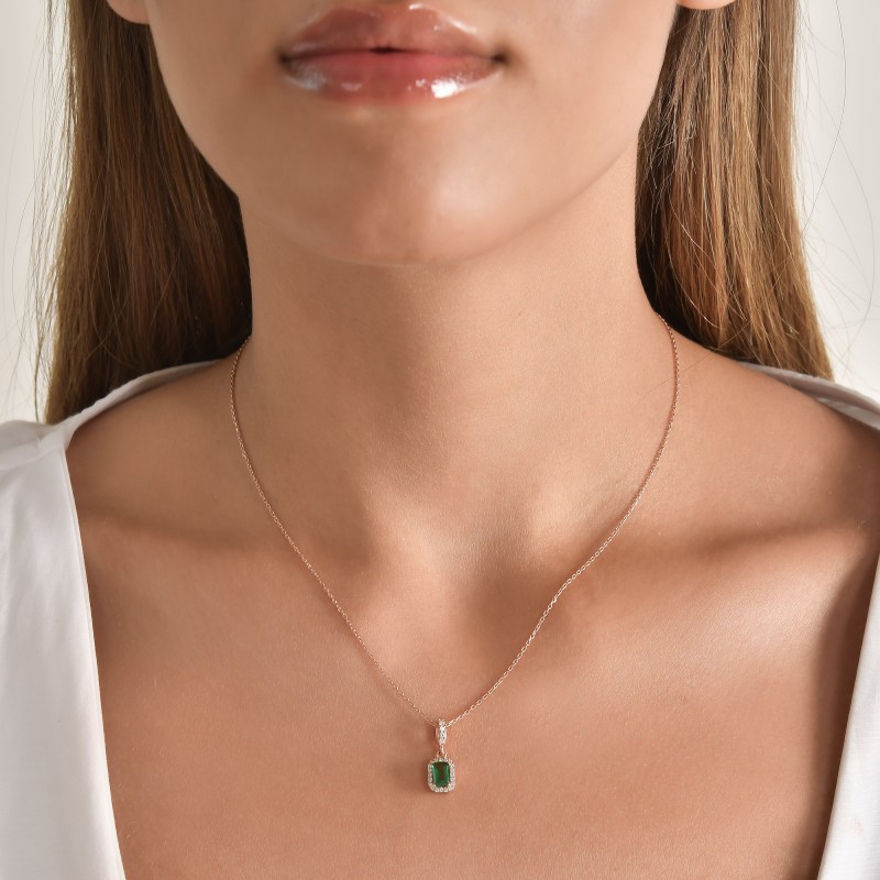 Green Baguette Halo Pendant Necklace