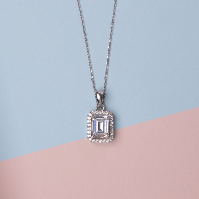 Baguette Cut Halo Pendant Necklace