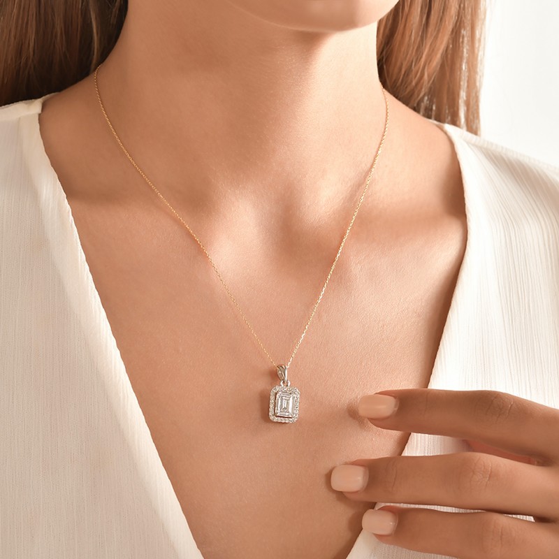 Baguette Cut Halo Pendant Necklace