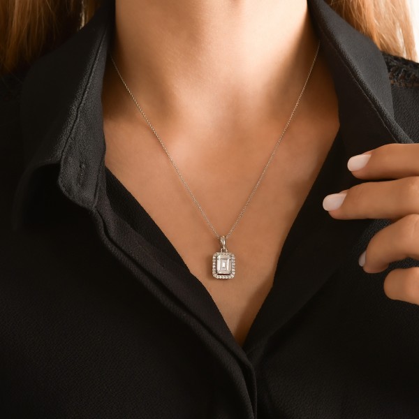 Baguette Cut Halo Pendant Necklace