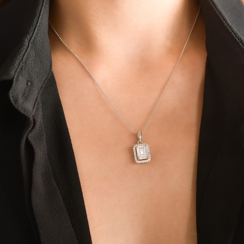 Baguette Cut Halo Pendant Necklace