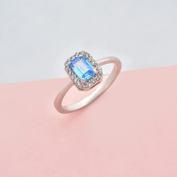 Blue Baguette Sparkle Halo Ring