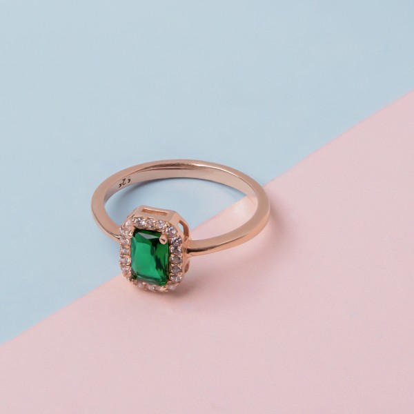 Green Baguette Sparkle Halo Ring