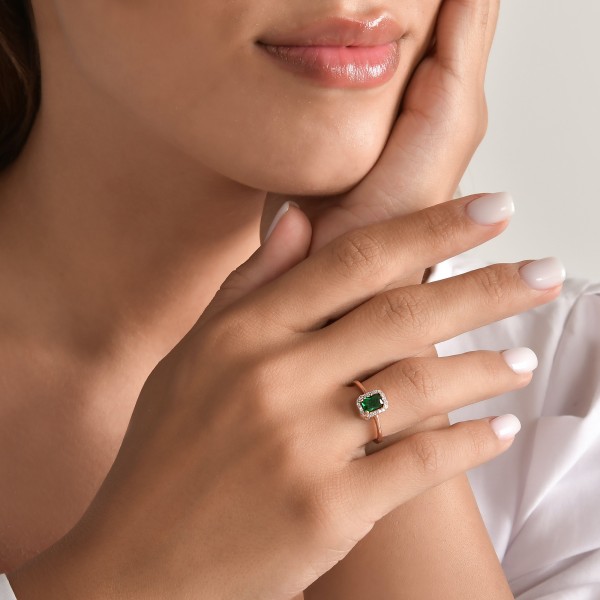 Green Baguette Sparkle Halo Ring